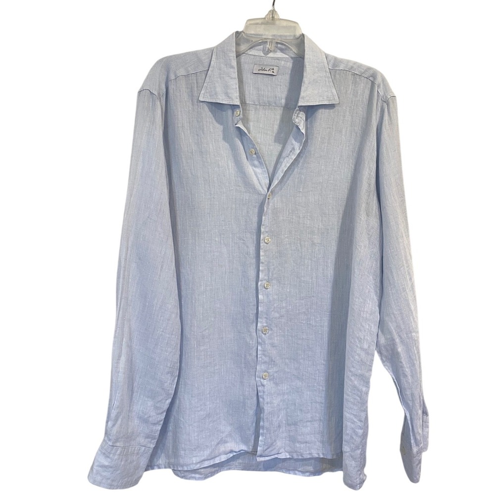 JOHN P 100% Linen Light Blue Long Sleeve Button Up Shirt Mens XL‎ Casual Collar